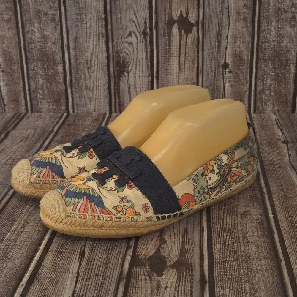 Sz 7.5 Womens Tory Burch Weston Espadrille Blue Bird Floral Print Canvas Shoes - Picture 2 of 7